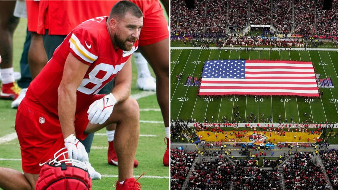 Travis Kelce is subjected to loud jeers for kneeling during the Super Bowl National Anthem.