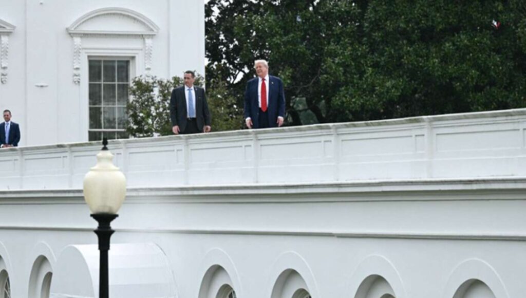President Trump walking on a moderately sloped White House roof, astonishing Secret Service agents, per Washington reports.