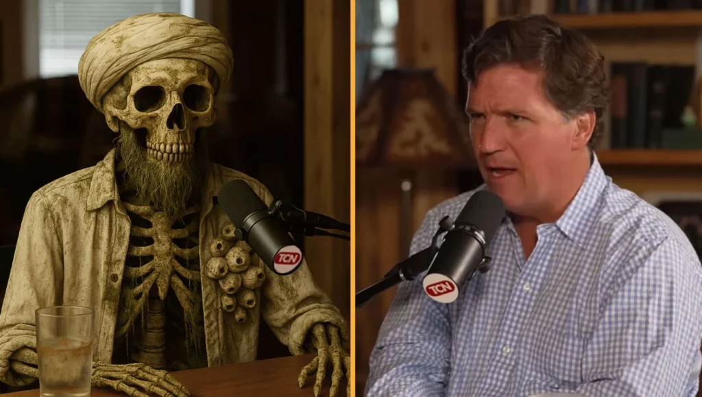 Tucker Carlson interviewing Osama bin Laden’s corpse in Woodstock, ME, per exclusive controversial program reports.
