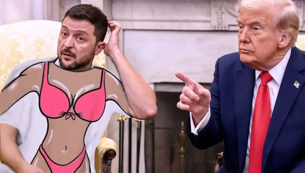 Zelenskyy in a novelty bikini t-shirt at White House, causing a stir, per satirical Washington, D.C. reports.