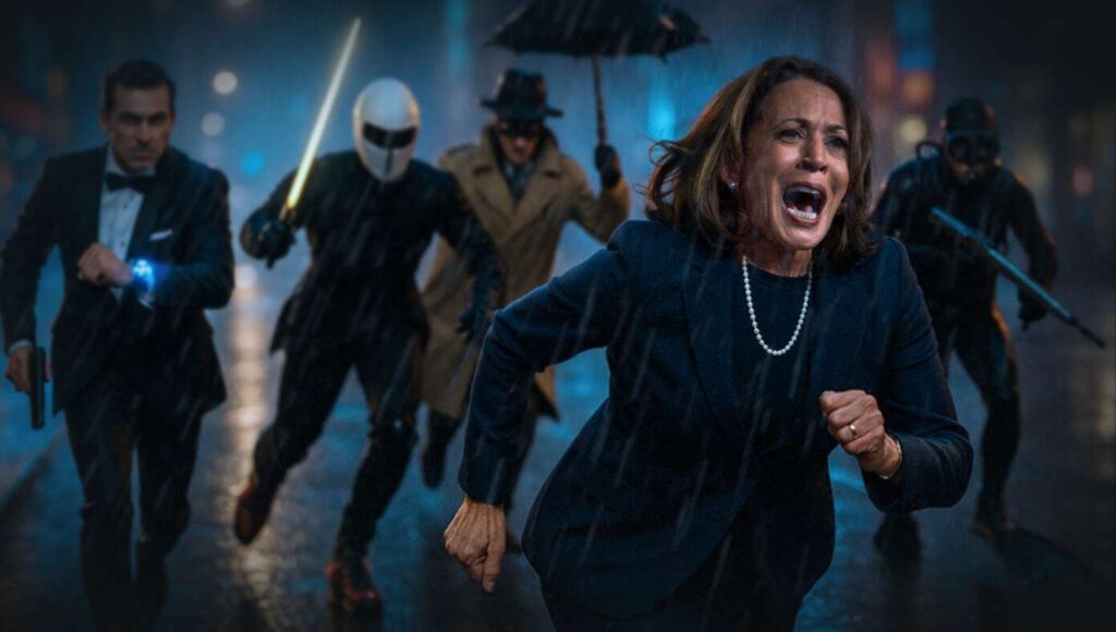 Kamala Harris flees assassins post-Trump Secret Service cut, per satirical August 2025 news.