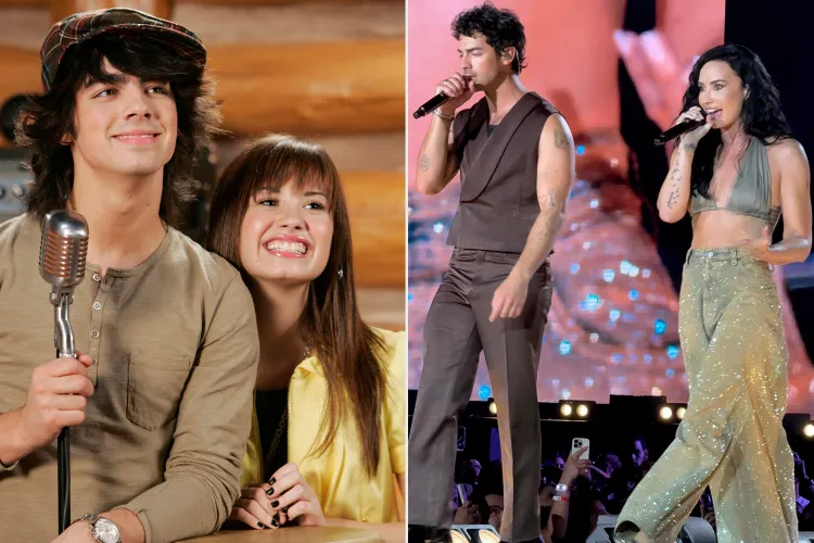 Demi Lovato and Joe Jonas performing Camp Rock hits at JONAS20 tour in MetLife Stadium, per nostalgic reunion reports.