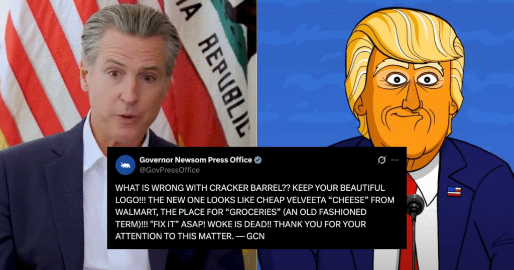 Gavin Newsom’s all-caps tweets mimic Trump, targeting Our Cartoon President role, per satirical political news.