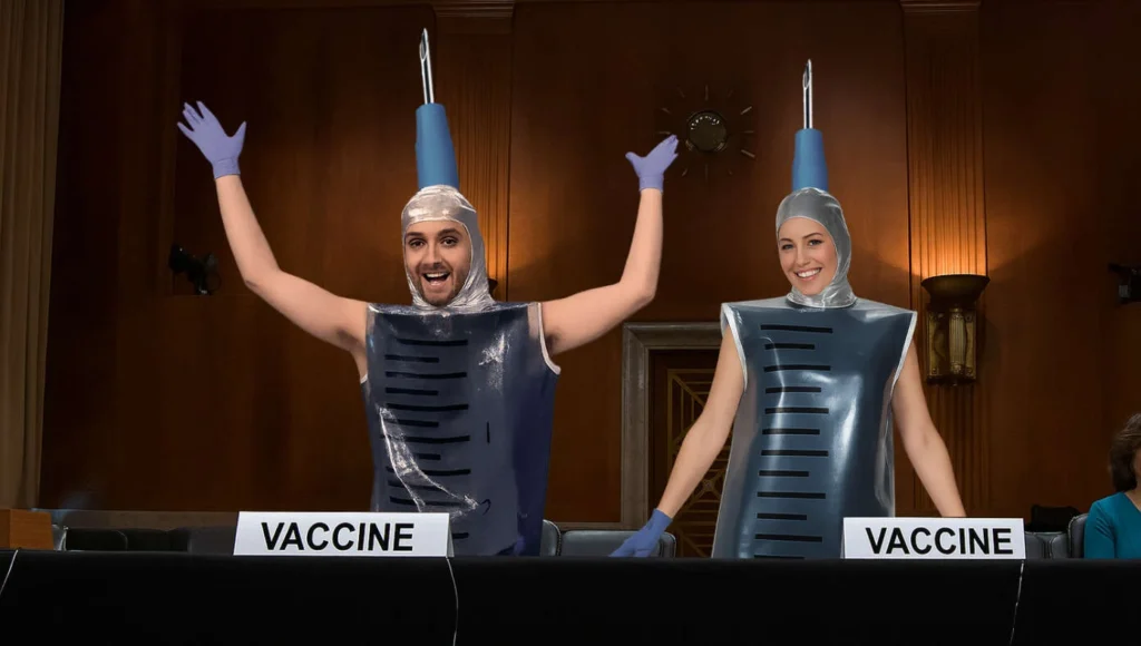 Colbert’s dancing vaccines at RFK Jr.’s Senate hearing, per satirical September 2025 news.