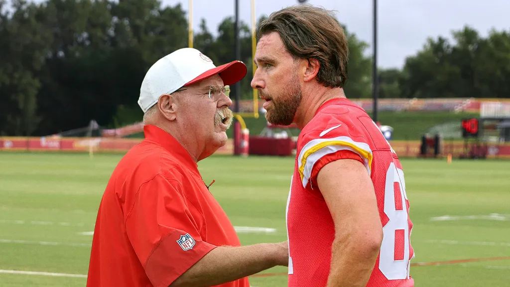 Andy Reid advises Travis Kelce on wedding night, per satirical September 2025 news.