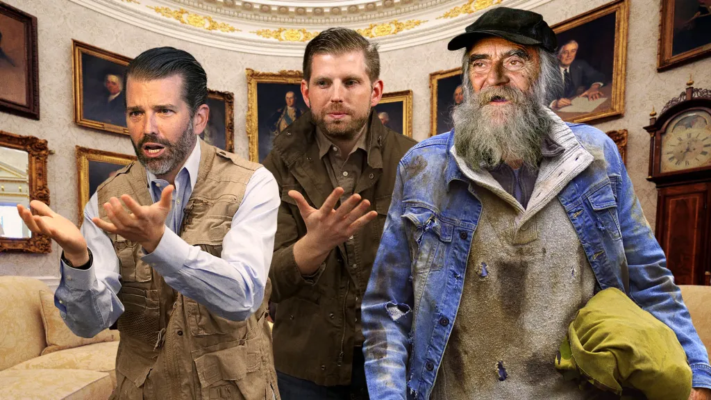 Trump sons plead for homeless man as pet, per satirical September 2025 news.