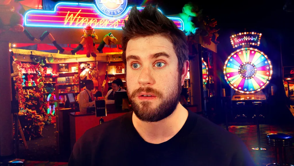 Man goes insane at Dave & Buster’s, per satirical August 2025 news.